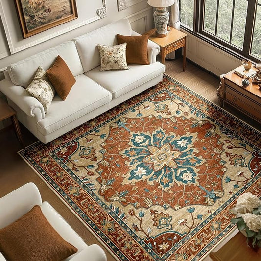 RELEANY Area Rugs Square 6ft Washable Non-Slip, Floral Vintage Distress Medallion Carpet for Living Room Bedroom Dining Room, Red Orange Blue Brown