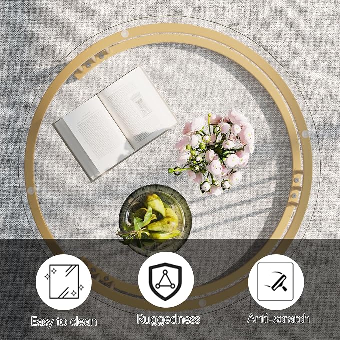 Garden 4 you Nesting Coffee Table, 23.6" Round Coffee Table Set of 2, Glass Nesting Table with Metal Frame, Ceter Tables for Living Room Bedroom Balcony, Gold