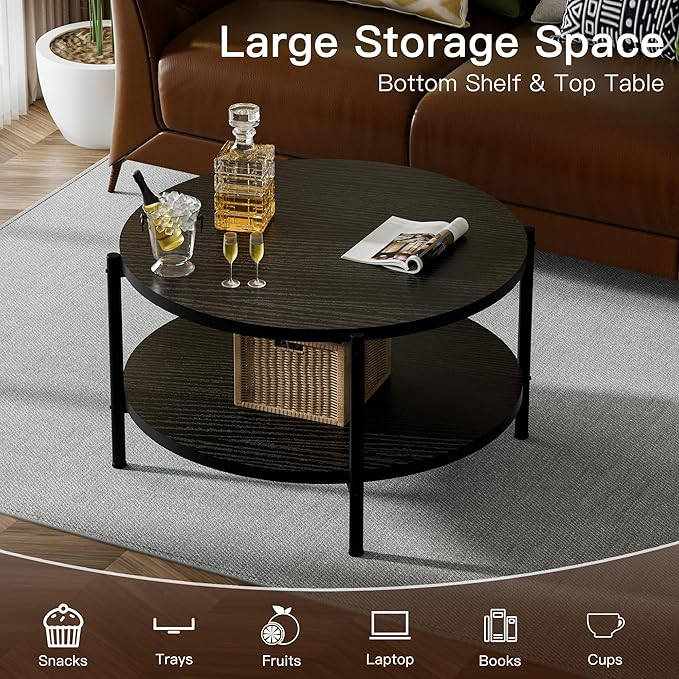27.5x27.5x17.7in Round Coffee Table with 2 Tiers - Black Modern Coffee Table for Living Room, Small Space Friendly (Sturdy Metal Frame, Easy Assembly)