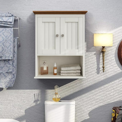 Treocho Wood Wall Cabinet, Bathroom Medicine Cabinet Storage with Doors and Adjustable Shelf, Rustic Cabinet Wall Mounted for Bathroom, Living Room, Kitchen, White & Brown
