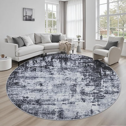 Round Area Rug for Living Room: 6 ft Washable Modern Abstract Soft Thin Rug Indoor Floor No Slip Stain Resistant Carpet for Bedroom Dining Room Farmhouse Nursery Home Office - Dark Black
