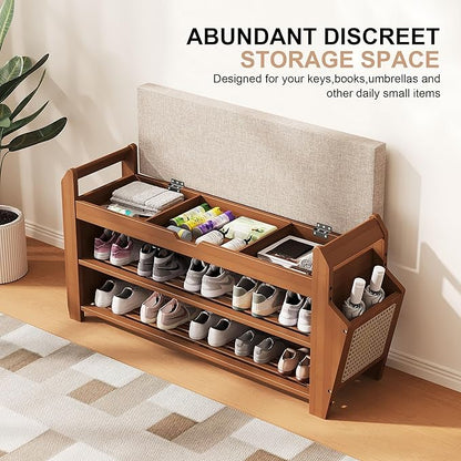 31.5" Bamboo Shoe Rack Bench with Storage, 3-Tier Entryway Bench with Thick Cushion, Flip-Top & Side Baskets, Holds Up to 550 LBS for Hallway, Living Room, Bedroom