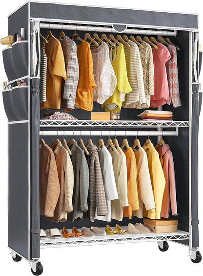Raybee Rolling Clothes Rack with Cover, 81" H Heavy Duty Clothing Rack with Adjustable Shelves, Portable Wardrobe Closet with Visible Window, Double Rod Garment Rack on Wheels, Max Load 440LBS, White