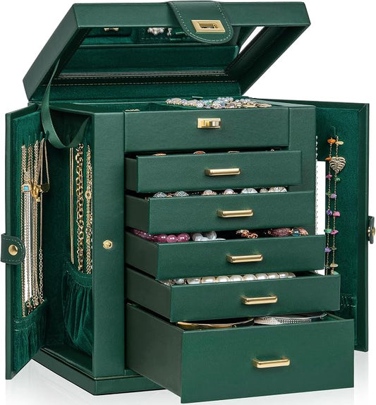 AKOZLIN 6-Tier Jewelry Box Organizer Functional 5 Drawers Leather Jewelry Storage Case for Women Girls Ring Necklace Earring Bracelet Holder Organizer with Mirror Green 360° Rotating