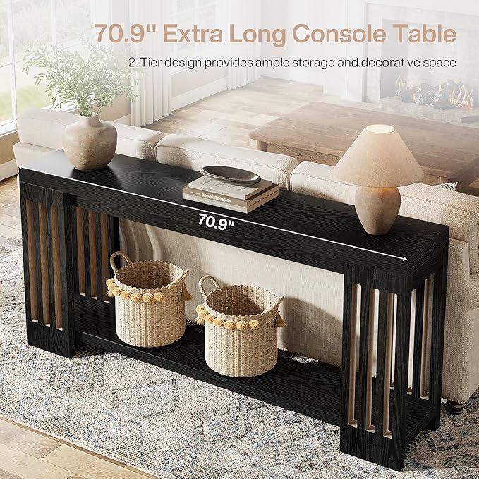 Tribesigns 70.9-Inch Extra Long Entryway Table, Farmhouse Sofa Console Table with Vertical Stripe Legs, 2-Tier Entry Furniture for Living Room, Hallway, Entrance (Black)
