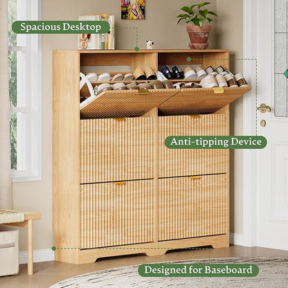 Xixini Shoe Storage Cabinet for Entryway with 6 Flip Drawers, Hidden Slim Wood Shoe Organizer with Modern Fluted Panel, Freestanding Narrow Shoe Rack for Front Door Entrance, Hallway, Foyer, Oak