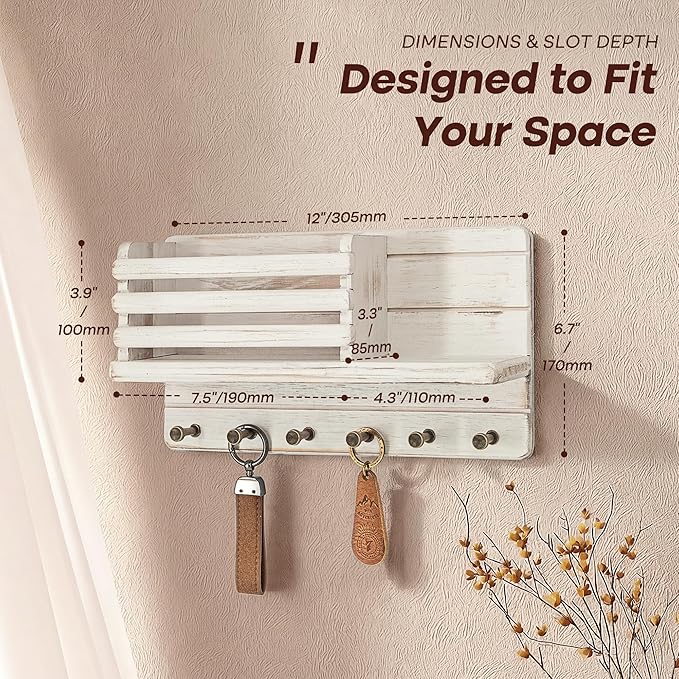 Rebee Vision Farmhouse Pine Wood Key Holder Wall Mount - Key Holder for Wall with Wooden Floating Shelf & 6 Sturdy Hooks - Storage Mail Holder for Home Decor (Whitewash)