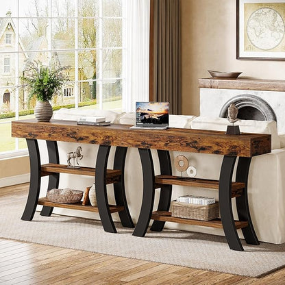Tribesigns 41" Small Console Table for Entryway, 3-Tier Narrow Rustic Sofa Table with Storage Shelves and Curved Frame for Living Room, Entry, Hallway, Foyer, Rustic Brown