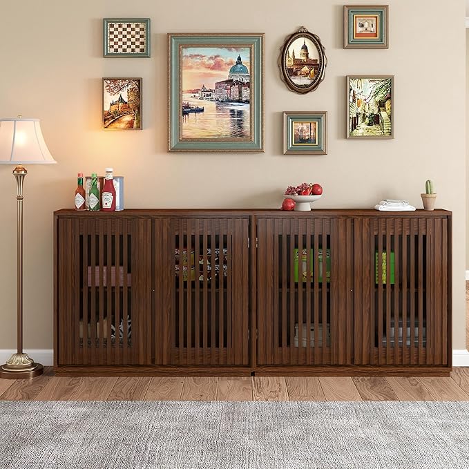 LKTART Buffet Cabinet Sideboard with Storage, Mid Century Modern Accent Credenza Cabinet with Doors & Shelves, Wood Coffee Bar Console Table for Dining Room,Kitchen,Entryway-Walnut