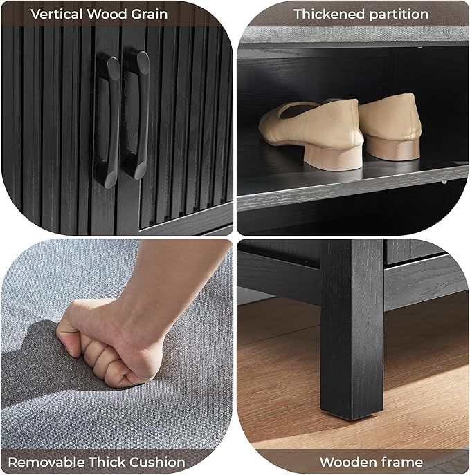 Shoe Storage Cabinet with Bench, Shoe Organizer with 2 Doors Shoe Rack Benches with Cushion for Front Door Entrance Entryway Living Room(Black)