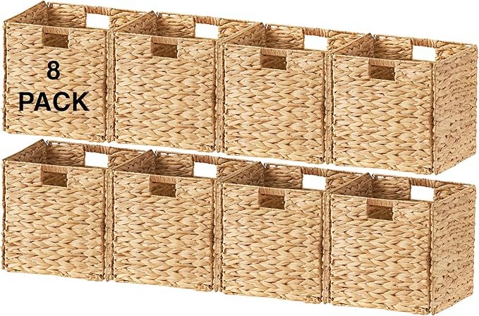 Ornavo Home 13 x 13 Inch Water Hyacinth Baskets Set of 8 – Handwoven Collapsible Wicker Storage Cube Bins with Handles for Bathroom, Bedroom, Laundry and Pantry - Natural