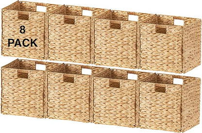 Ornavo Home 13 x 13 Inch Water Hyacinth Baskets Set of 8 – Handwoven Collapsible Wicker Storage Cube Bins with Handles for Bathroom, Bedroom, Laundry and Pantry - Natural