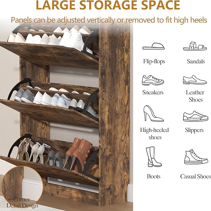 Shoe Cabinet with 3 Flip Drawers, 47" Slim Hidden Wood Shoe Storage Cabinet with Adjustable Shelf, Freestanding Narrow Shoe Rack Organizer for Entryway, Hallway, Brown
