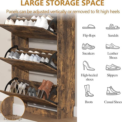 Shoe Cabinet with 3 Flip Drawers, 47" Slim Hidden Wood Shoe Storage Cabinet with Adjustable Shelf, Freestanding Narrow Shoe Rack Organizer for Entryway, Hallway, Brown