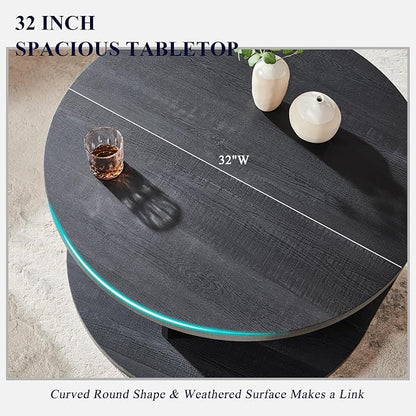 JXQTLINGMU Round Coffee Table for Living Room, 32" Modern Center Table with Cross Support Structure & Open Storage Cubby, Wood Circle Cocktail Table for Small Space, Apartment, Black
