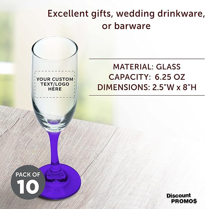 DISCOUNT PROMOS Custom Premiere Champagne Flutes 6.25 oz. Set of 10, Personalized Bulk Pack - Elegant Drinkware for Weddings, Events, & Promotional Gifts - Purple