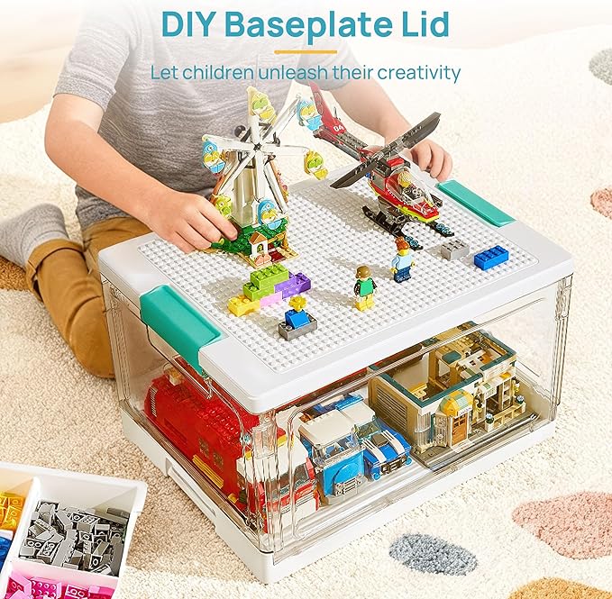 Vtopmart 24 QT Plastic Storage Box with Building Baseplate Lid and Removable Tray,Craft Organizer and Storage for Building Bricks, Art Supplies, Beads and Sewing,2 Pack