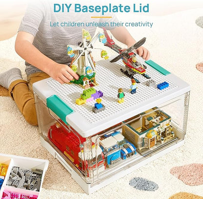 Vtopmart 24 QT Plastic Storage Box with Building Baseplate Lid and Removable Tray,Craft Organizer and Storage for Building Bricks, Art Supplies, Beads and Sewing,2 Pack