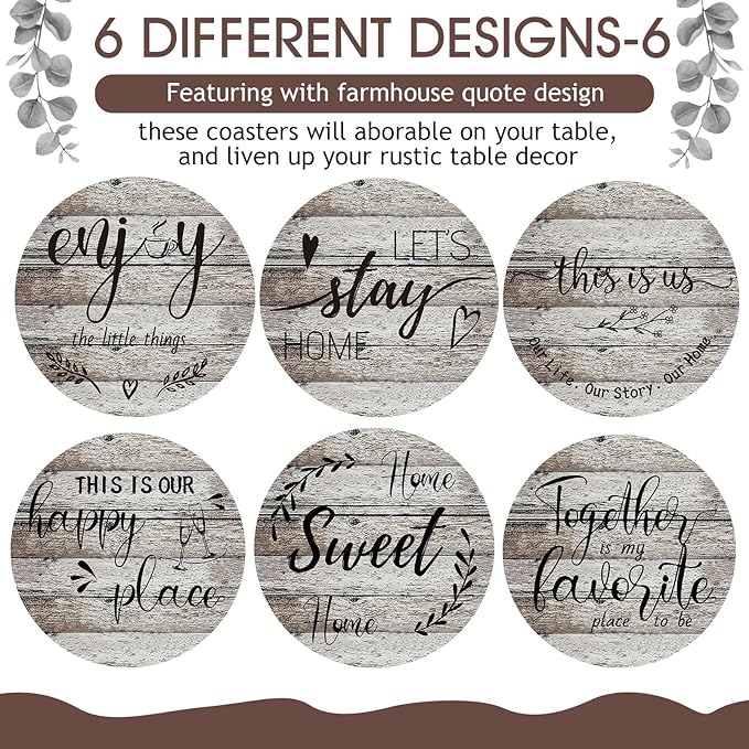 Queekay Coasters Set of 6 House Warming Gifts New Home Wooden Farmhouse Drink Coasters with Holder 4'' Funny Decoration for Kitchen Family Coffee Bar Tabletop Protection(Wood Color)