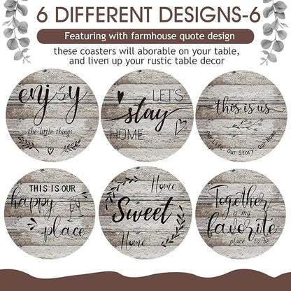 Queekay Coasters Set of 6 House Warming Gifts New Home Wooden Farmhouse Drink Coasters with Holder 4'' Funny Decoration for Kitchen Family Coffee Bar Tabletop Protection(Wood Color)