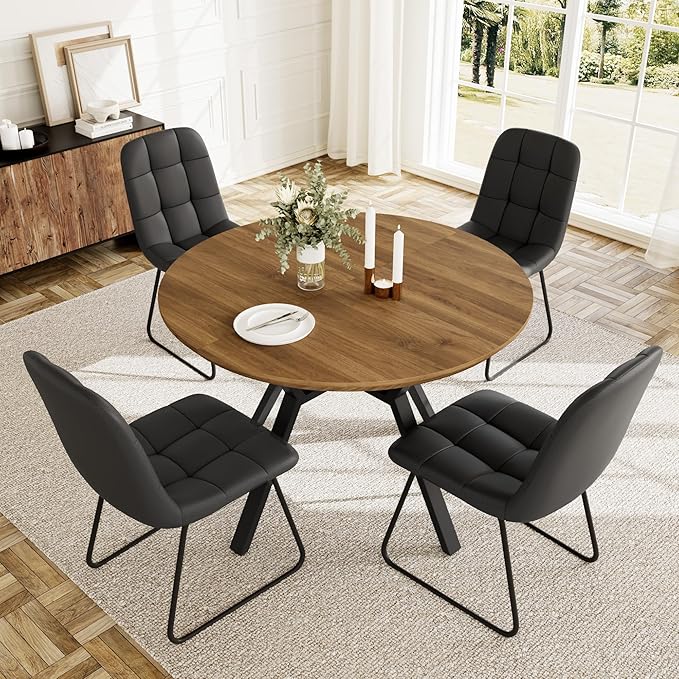 Extendable Round Dining Table Set for 4 People, 43.3"-59.1" Extendable Kitchen Table with 4 Upholstered Chairs, Space Saving for Kitchen Dining Room (Walnut Table+4 U-Shaped Black Chairs)