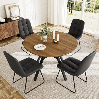 Extendable Round Dining Table Set for 4 People, 43.3"-59.1" Extendable Kitchen Table with 4 Upholstered Chairs, Space Saving for Kitchen Dining Room (Walnut Table+4 U-Shaped Black Chairs)