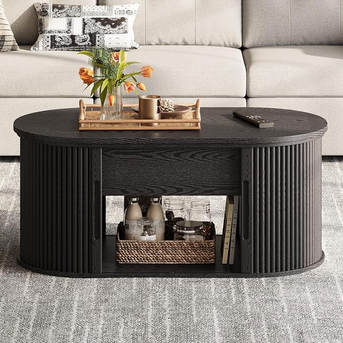 LINSY Lift Top Coffee Table, Oval Fluted Coffee Table with Storage, Mid Century Modern Wooden Coffee Tables with Sliding Tambour Door, 39" Center Table for Living Room, Office, Small Space, Black