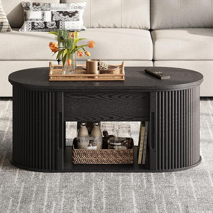 LINSY Lift Top Coffee Table, Oval Fluted Coffee Table with Storage, Mid Century Modern Wooden Coffee Tables with Sliding Tambour Door, 39" Center Table for Living Room, Office, Small Space, Black