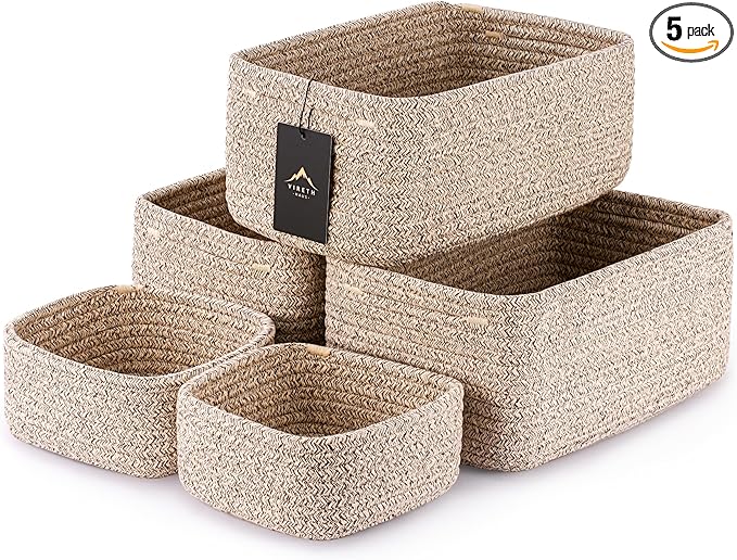 5-Pack Small Woven Rope Storage Baskets – 2 Sizes Organizer Bins for Closet, Shelf, Bookshelf, Nursery, Changing Table, Fabric Cube Boxes, Rectangular Shallow Bins for Bathroom, Toy & Home