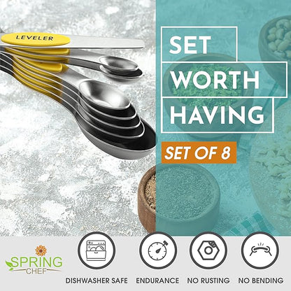 Spring Chef Yellow Stainless Steel Magnetic Measuring Spoons Set of 8 with Leveler, Dual Sided Metal Teaspoon & Tablespoon Measuring Spoons, Kitchen Gadgets for Baking & Cooking, Fits in Spice Jars