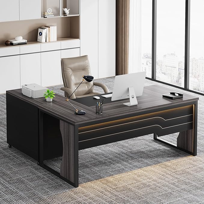 L Shaped Executive Computer Desk with Mobile File Cabinet and LED Light, 63 inch Large Office Table Business Furniture with Storage and Drawers for Home Office, Gray and Black