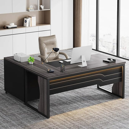 L Shaped Executive Computer Desk with Mobile File Cabinet and LED Light, 63 inch Large Office Table Business Furniture with Storage and Drawers for Home Office, Gray and Black