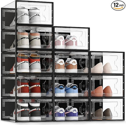 SEE SRPING XX-Large Shoe Storage Box Fit Size 14, Clear Plastic Stackable Shoe Organizer for Closet, Shoe Rack Sneaker Containers Bins Holders, Drawer Organize Unit, 12 Pack Black