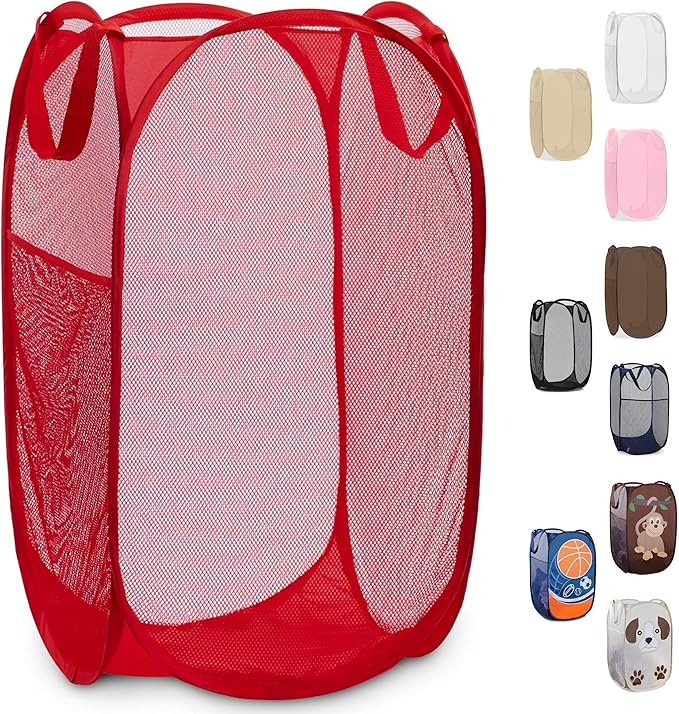 Handy Laundry Collapsible Mesh Pop Up Laundry Hamper with Side Pocket – Breathable, Space-Saving, Durable Basket for Clothes, Toys, Travel & Storage, 14 x 13 x 24 in, Red