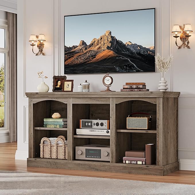 YITAHOME Farmhouse TV Stand with Cord Management for 65 Inch TV, Entertainment Center with Adjustable Shelf & Open Storage, 59" TV Console Table for Living Room (Washed Grey)