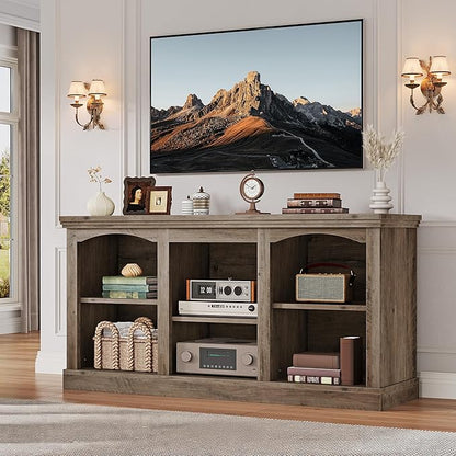 YITAHOME Farmhouse TV Stand with Cord Management for 65 Inch TV, Entertainment Center with Adjustable Shelf & Open Storage, 59" TV Console Table for Living Room (Washed Grey)