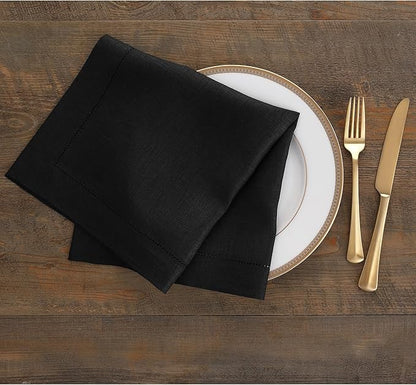 Solino Home Black Linen Napkins Set of 4-100% Pure Linen Hemstitch Dinner Napkins 20 x 20 Inch for Winter, Spring, Easter - Classic Hemstitch