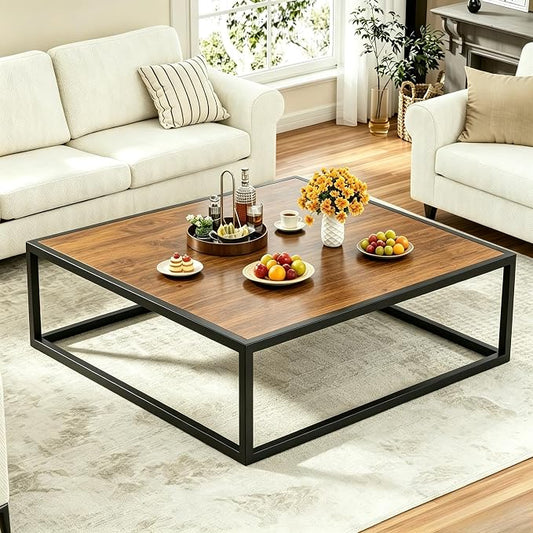 31.5" Square Coffee Table, Mid-Century Modern Brown Center Table for Living Room, Floor Table for Sitting on The Floor, Wood Cocktail Tea Contemporary Tables with Metal Frame for Office Apartment Home
