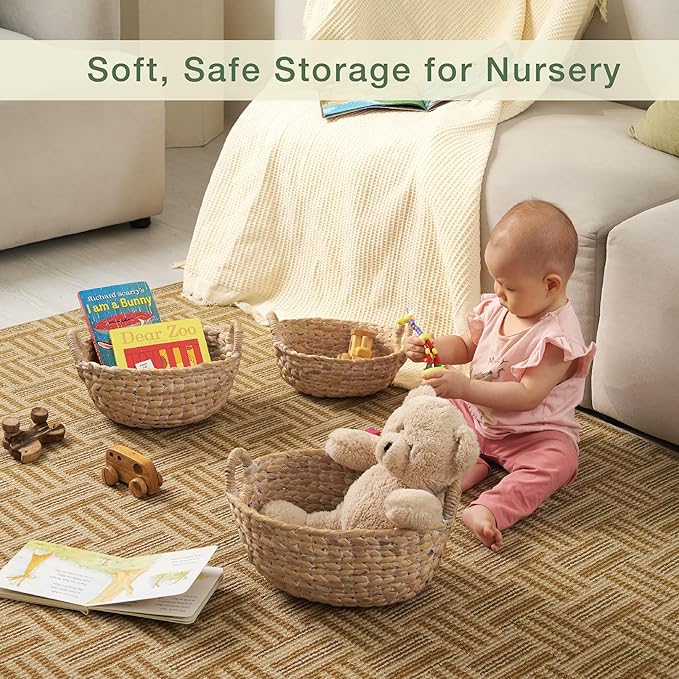 Set of 3 Wicker Storage Baskets for Organizing - Woven Decorative Baskets with Handles - Organizers for Bathroom, Kitchen, and Shelves (White)