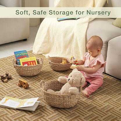 Set of 3 Wicker Storage Baskets for Organizing - Woven Decorative Baskets with Handles - Organizers for Bathroom, Kitchen, and Shelves (White)
