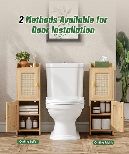 Akxomel Rattan Small Bathroom Cabinet with 2 Doors, 7.9''D x 9.8''W Narrow Toilet Paper Storage Cabinet, Bathroom Organizer for Small Spaces, Wooden Slim Corner Unit with Adjustable Shelf, Natural Oak