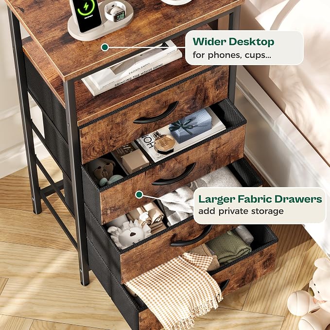 Huuger Night Stand with Charger Station and LED Lights, 4 Drawer Nightstand, Bed Side Table with Open Shelf, End Table, Fabric Dresser for Bedroom, Rustic Brown