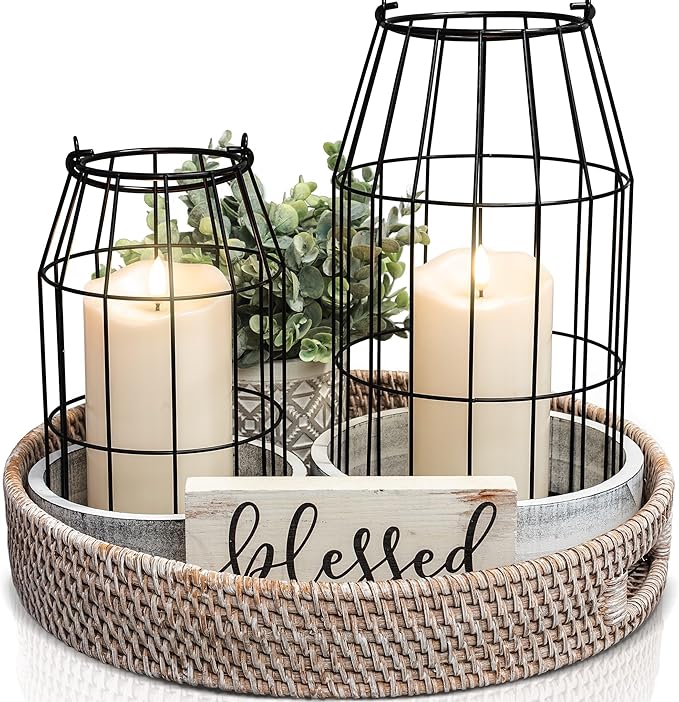Rustic Farmhouse Lantern Decor Set of 2 - Stylish Decorative Lanterns for Your Living Room, Fireplace Mantle or Kitchen Dining Table - Modern Indoor/Outdoor Coffee Table Decor for Your Entire Home