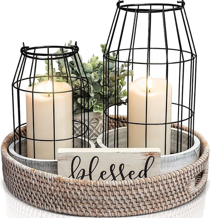 Rustic Farmhouse Lantern Decor Set of 2 - Stylish Decorative Lanterns for Your Living Room, Fireplace Mantle or Kitchen Dining Table - Modern Indoor/Outdoor Coffee Table Decor for Your Entire Home