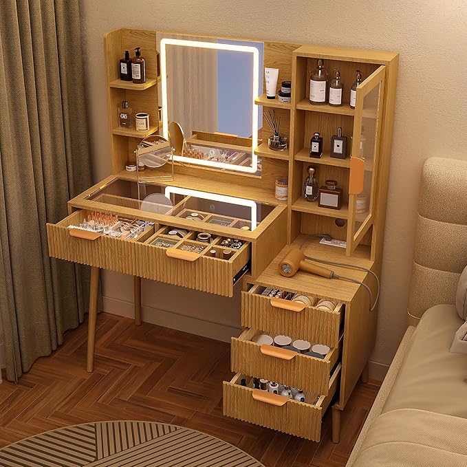 Fluted Makeup Vanity with Mirror and Lights,5 Drawers Glass Top Vanity Desk with Glass Door Cabinet,Power Outlet,6 Shelves,9-Grid Organizer,Lighting Adjustable Dressing Table,Natural Oak
