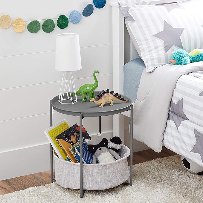 Amazon Basics Round End Table, Charcoal/Heather Gray, 17.7 x 17.7 x 18.9 in | Side Table, with Cloth Basket, Storage