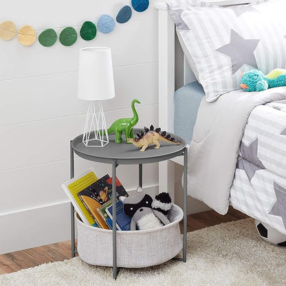 Amazon Basics Round End Table, Charcoal/Heather Gray, 17.7 x 17.7 x 18.9 in | Side Table, with Cloth Basket, Storage