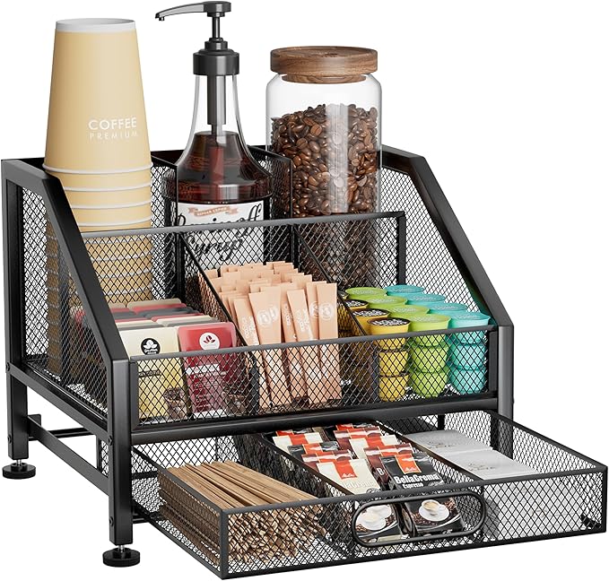 SWTYMIKI Coffee Bar Organizer for Countertop – Space-Saving Kcup Organizer with Drawer and Tiered Shelves, Coffee Station for Pods, Sugar, Syrup, Cups, Stirrers, Condiment Organizer Storage
