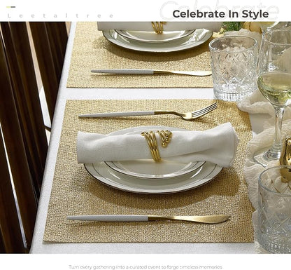 Leetaltree Gold Placemats Set of 12 - Heat Resistant Non-Slip Place mats for Dining Table, Washable Durable PVC Vinyl Woven Table Mats(Luxury Gold, 12)