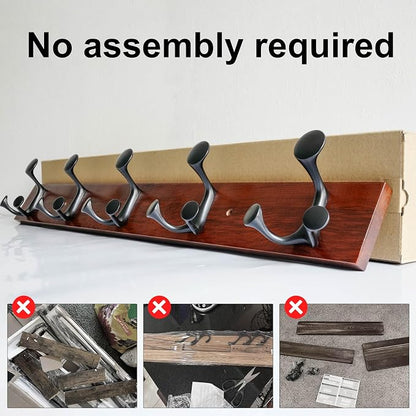 SKOLOO 30-Inch Cherry Wood Coat Rack Wall Mount with 5 Triple Hooks - Ideal for Family Entrances, Classrooms, and Pet Supplies Storage - Perfect Coat Hooks for Wall